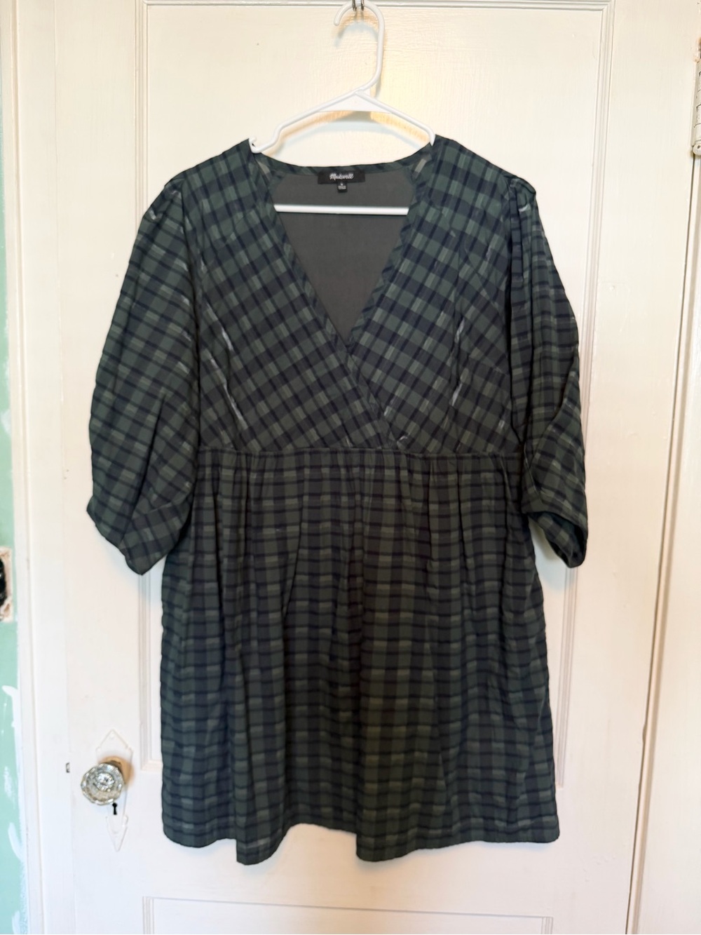 Madewell Green Plaid V-Neck faux wrap Dress